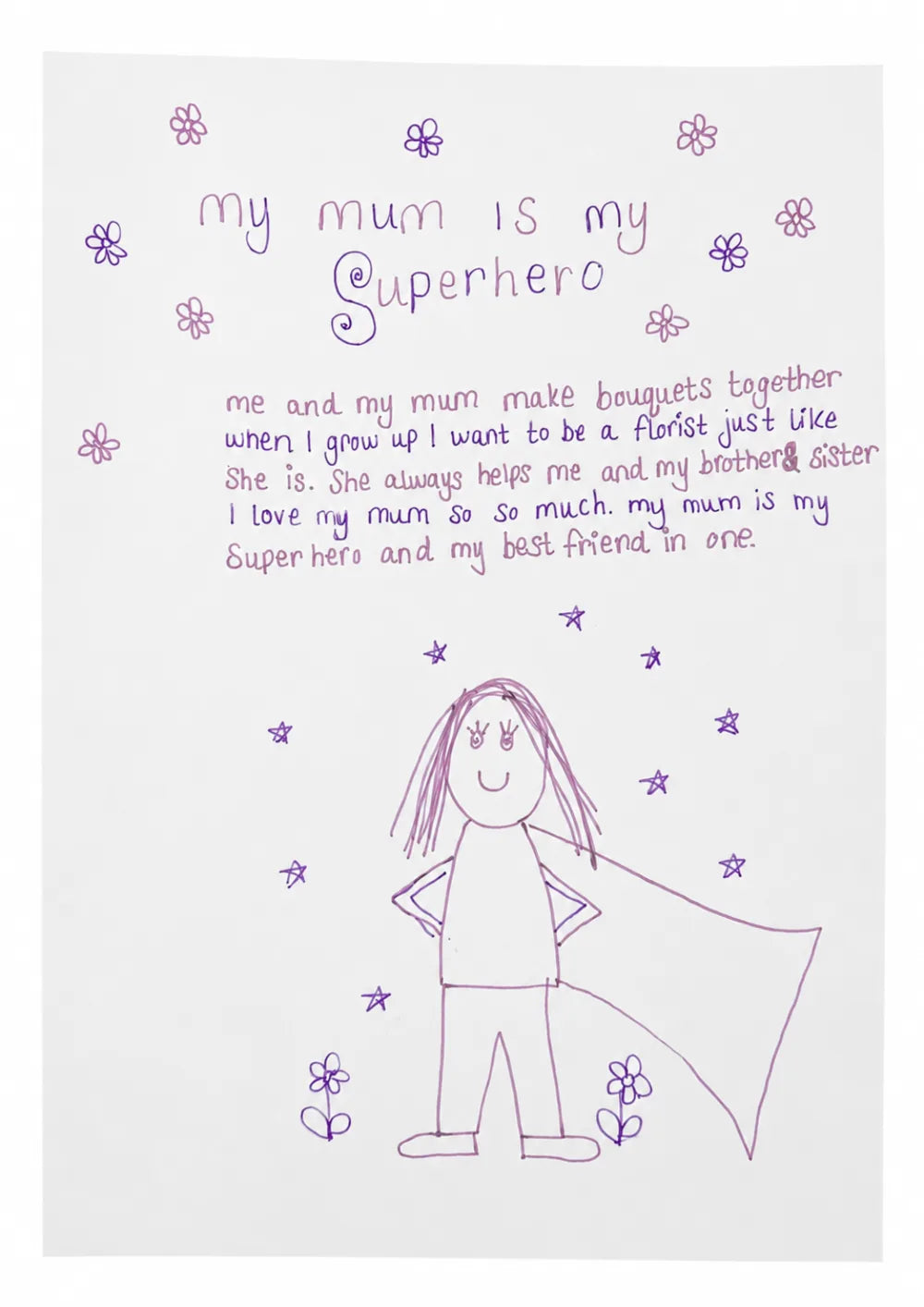 Penelopes handwritten Mother's Day project that reads my mum is my superhero, with a drawing of her mum in a cape