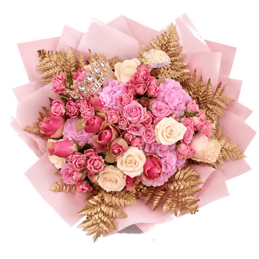 Penelopes Princess bouquet with gold ferns and a crown