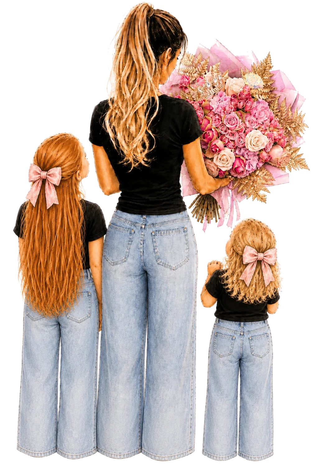 A watercolour sketch of me holding a large pink bouquet with my two daughters looking up at me